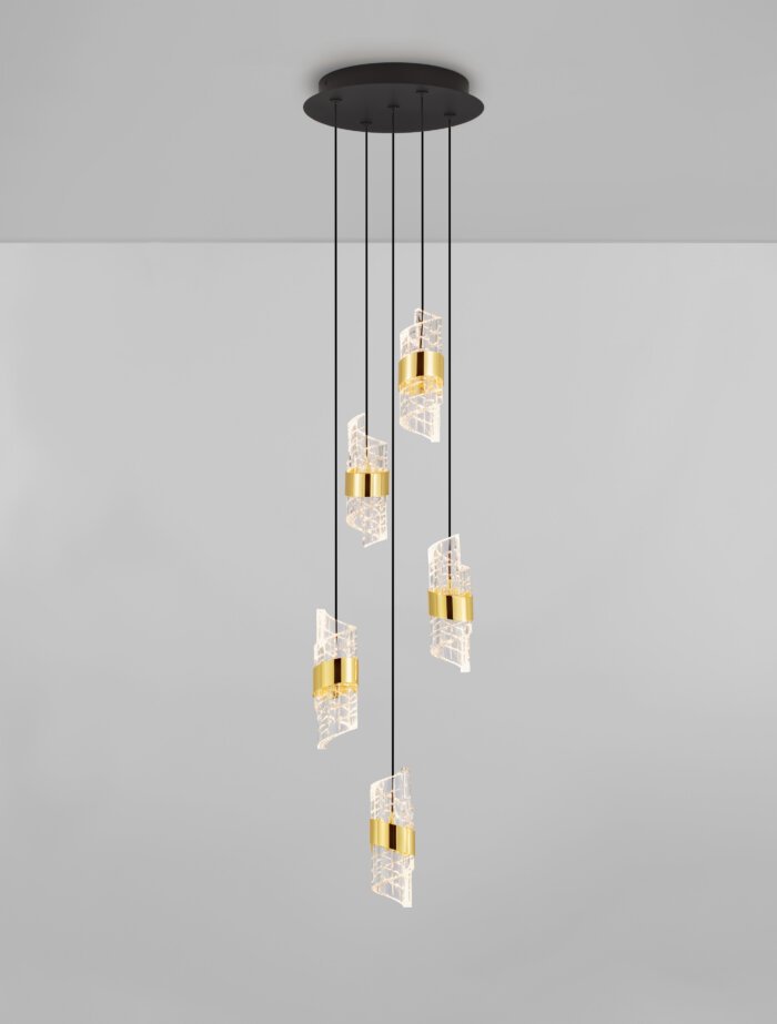 Seneca LED Pendelleuchte 5-flammig Ø 30cm 3000K Schwarz, Gold – Bild 6
